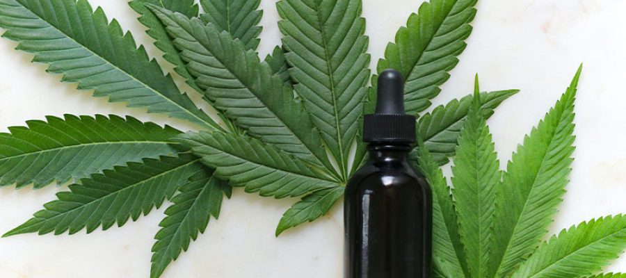 Cannabis tincture jar on top of cannabis leaves